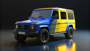 Gwagon mercedes benz, color amarillo y azul, fondo negro exivido, personalizado 