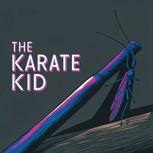 Bold and vibrant promotional poster for 'The Karate Kid'. A tiny insect on a wooden stick on the right side. Clean and minimalistic design on a solid blue background