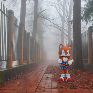 Sonic the Hedgehog character Tails, standing alone, no background. English text describing the character