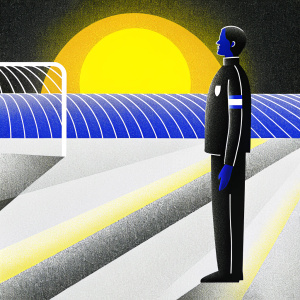 Rui Patricio, professional soccer player, intense gaze, in black jersey with sponsor logos. Standing alone on a field at sunset.