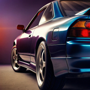 A sleek blue Nissan 240SX BN Sports car. Set against a gradient purple backdrop, emphasizing its aerodynamic design and glossy finish.