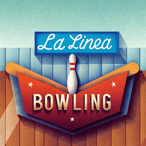 A high-definition image of the La Linea Bowling logo. Stylized text and bowling pin design on a rustic wooden background, highlighting the warm, natural wood tones and textures.