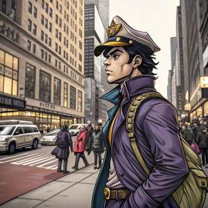 Jotaro Kujo from JoJo's Bizarre Adventure, sketch-style illustration, standing on a bustling city street with various characters and objects drawn in loose, quick lines.