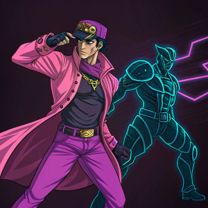 Jotaro Kujo, protagonist from JoJo's Bizarre Adventure: Stardust Crusaders, illustrated in dynamic pose. Pink jacket, cap. Dark alien-like Stand in action-ready stance. Neon-like qualities against dark background.