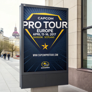 Promotional poster for Capcom Pro Tour Europe 2017. Modern design featuring bold text and graphics. Dates: April 15-16, 2017. Location: Glasgow, Scotland. Capcom Pro Tour Europe logo centrally placed. Registration: www.capcomprotour.com
