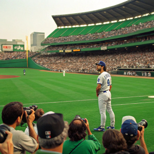 Eric Karros, a baseball player, in a green stadium. Crowded stands filled with enthusiastic fans and photographers