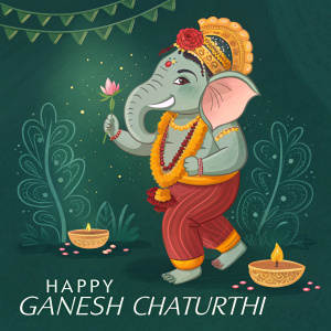 Digital painting of Ganesha with a dark green background, traditional Indian style. Text area at bottom wishes 'Happy Ganesh Chaturthi'