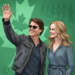 Tom Cruise and Nicole Kidman, in casual attire, visiting the Toronto Film Festival. Green background