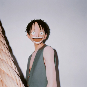 Luffy from 'One Piece' anime series. Smiling widely, mouth agape, with a joyful, radiant expression. Wearing a dark green vest, the character stands out against a dark, mysterious backdrop. A large, textured object or bundle is visible in the background, contrasting with Luffy's bright, expressive face. Anime style, with exaggerated emotional cues and vibrant colors.