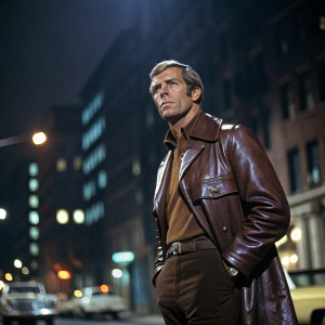 James Franciscus, playing Michael Longstreet, stands in an action-packed scene from the TV series 'Longstreet'. The backdrop is a blurred cityscape at night. He wears a brown leather jacket and has a serious expression.