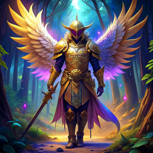 Knight with golden and white Armor and white Angel Wings and purple glowing Sword and Sheeld in his hand standing in foggy rainforest