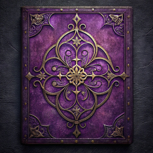 portada de vista de frente de libro arabesco medieval rústico de color lila oscuro con ornamentos oscuros grises oscuros
