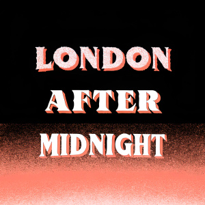 Logo designs for 'London After Midnight'. Dark background, bold typography with sharp edges, recurring text emphasizing the brand name. Contrasting black and red colors, edgy graphic elements for a modern horror aesthetic.