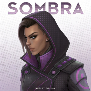 Concept art for Sombra, a character from Overwatch. Dark hooded outfit with purple accents. Binary code pattern on the top. Wesley Obodai's name is credited.