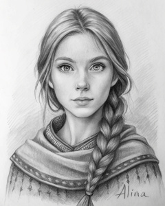 realistic pencil sketch concept character, 21 yo Alina, aquiline nose, plait, poncho
