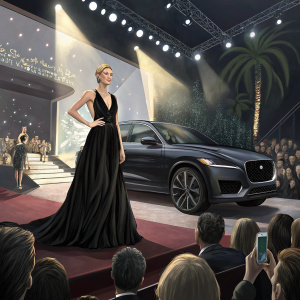Charlize Theron at a luxury car unveiling event. Dressed in a black evening gown. Surrounded by crowd. Sleek black car showcased on stage