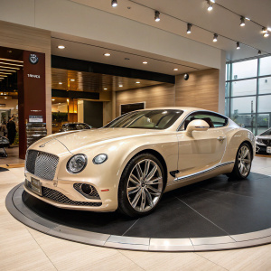 A luxurious beige Bentley Continental GT W12, showcased on a sleek, circular platform at Miller Motorcars dealership.