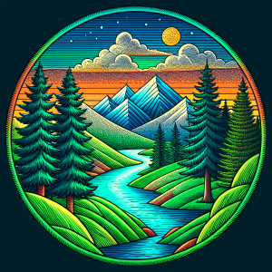 logo, Coniferous forest divided by a river, surrounded by mountains, drawn with neon lines of birch and green colors