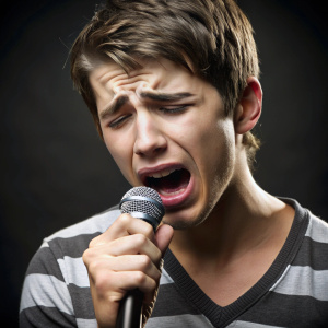 

Depict a young  very very sad crying man singing sadly into a microphone in a similar style.