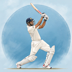 Rahul Dravid, iconic Indian cricketer, depicted in action. White cricket uniform, blue gradient backdrop