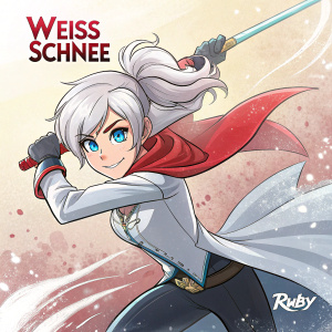 Weiss Schnee from RWBY in a dynamic digital artwork. She's depicted with her iconic white hair and piercing blue eyes. The background features a soft, warm glow with splashes of color and the RWBY logo subtly integrated.