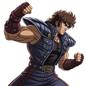 Kenshiro, the iconic muscular hero from Fist of the North Star, illustrated in vibrant colors. Standing in a powerful fighting stance, detailed armor-like padding and close-fitting jacket visible. Characteristic long hair flowing. Intense expression.