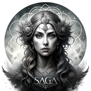 Saga, The Seer - Nordic Goddess of Sagas & Myths perfect realistic art, high-definition grey and black, white background tattoo design