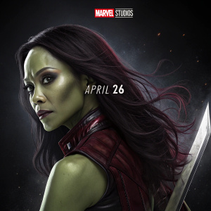 Promotional shot of Zoe Saldana as Gamora. Long dark hair, white makeup, dramatic pose. Dark background with Marvel Studios logo and release date April 26.