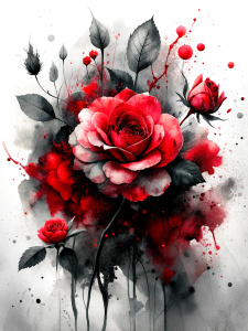 Chinese ink art mixed with red rose paintings, splashes of colored ink, colored stains, black and red tones on the empty space. white background