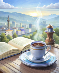  раскрытая книга чашка с кофе турка  лежит на столе
