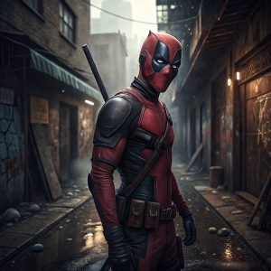 Ryan Reynolds as Deadpool, standing alone in a desolate alleyway. Wears iconic red suit, looking at the camera with a smirk.