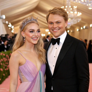 AnnaSophia Robb and Ronan Farrow, both smiling, posing for a photo shoot at the Met Gala. Lavish venue with sparkling decorations