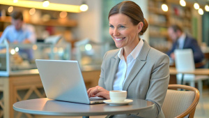 Widely smiling businesswoman working on laptop sitting in a cafe