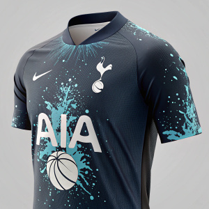 A high-resolution image showcasing the Tottenham Hotspur soccer jersey. Dark color with blue splatters on the chest area, featuring the team's logo. Gray background, professional design.
