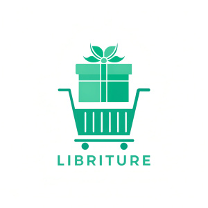 Logo named 'LIBRATURE', shopping cart, gift box, white background