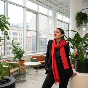 Alexandria Ocasio-Cortez, dressed in black and a bright red scarf, poses in a modern office space filled with plants and casual furniture. The scene is set in the bustling city, with large windows and natural light