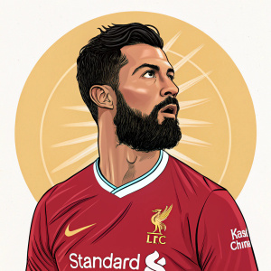 Digital illustration of Cristiano Ronaldo, beard, intense look, Standard Chartered jersey, red and logo. Cartoon style with bold lines, solid colors. Abstract background with sun-like glow around head. Focus on face and upper body.