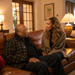 Quincy Jones and Leona Lewis in a cozy living room setting, both sitting on a brown leather couch, engaged in a heartfelt conversation.
