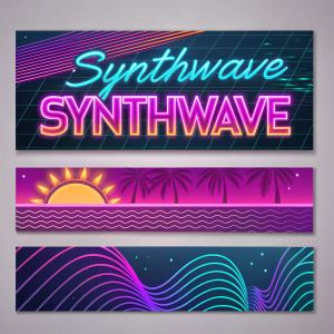 Synthwave-inspired banners with neon colors and wavy patterns. Featuring modern and text-heavy design elements.