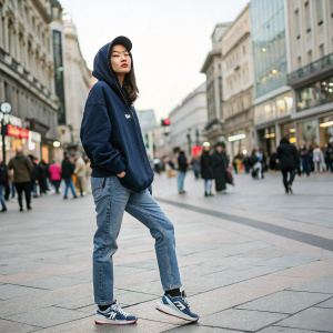 Nam Gyu-Ri, in casual streetwear, standing in a bustling city square. Dressed in a hoodie and jeans, with sneakers. Crowded street background