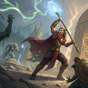 Concept art for Rakan, featuring a dynamic scene of Rakan in an epic battle, surrounded by mystical creatures and ancient relics. Vibrant colors and detailed background