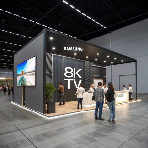 Modern exhibition booth for Samsung's latest 8K TV. Sleek design with company logo prominently displayed. Indoors, attendees mingling around the display area.