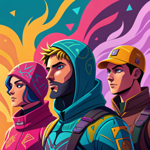 Illustration of Fortnite Battle Royale characters. Vibrant colors, abstract background, unique facial features.