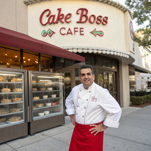 Buddy Valastro, owner of Carlo's Bake Shop, stands proudly in front of the Cake Boss Cafe sign. Wearing a white chef's jacket and red apron. The backdrop is filled with pastries in glass display cases. Event is outdoors, sunny