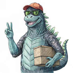 full size godzilla wearing sunglasses, baseball cap and t-shirt with peace sign and big box of stuff for his fans on the ground somewhere near, white background, sketch from old comic book 