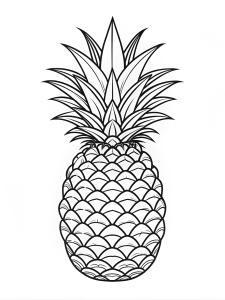 coloring page,only outline of A pineapple with its spiky leaves
,white background,blackline art,no shadow,no color,ONLY THIK OUTLINE BLACK AND WHITE