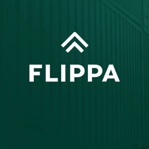 FLIPPA logo design. White text on a dark green backdrop, featuring a sleek, modern sans-serif font.