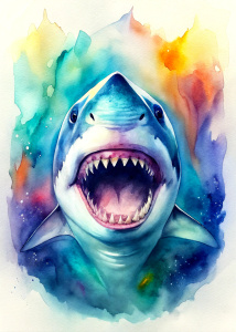 
high quality, logo style, Watercolor, powerful colorful shark face logo facing forward, monochrome background, awesome full color,

