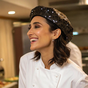 Close-up candid shot of Caterina Balivo, a Hispanic chef with a radiant smile. She is wearing a white blouse and a glittery black hat. Indoor kitchen setting with warm lighting