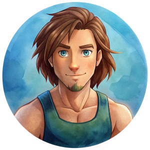 roundel profile picture, mid hair young man, muscle, chibi style